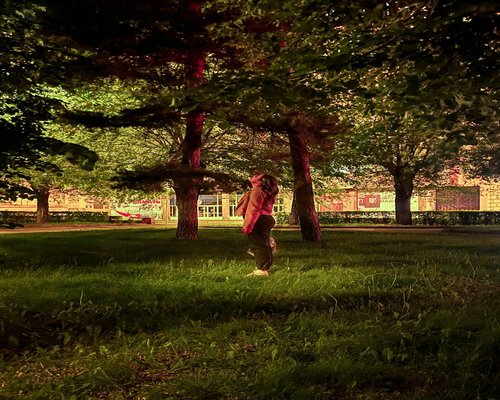 Man stretching in a green park during sunset